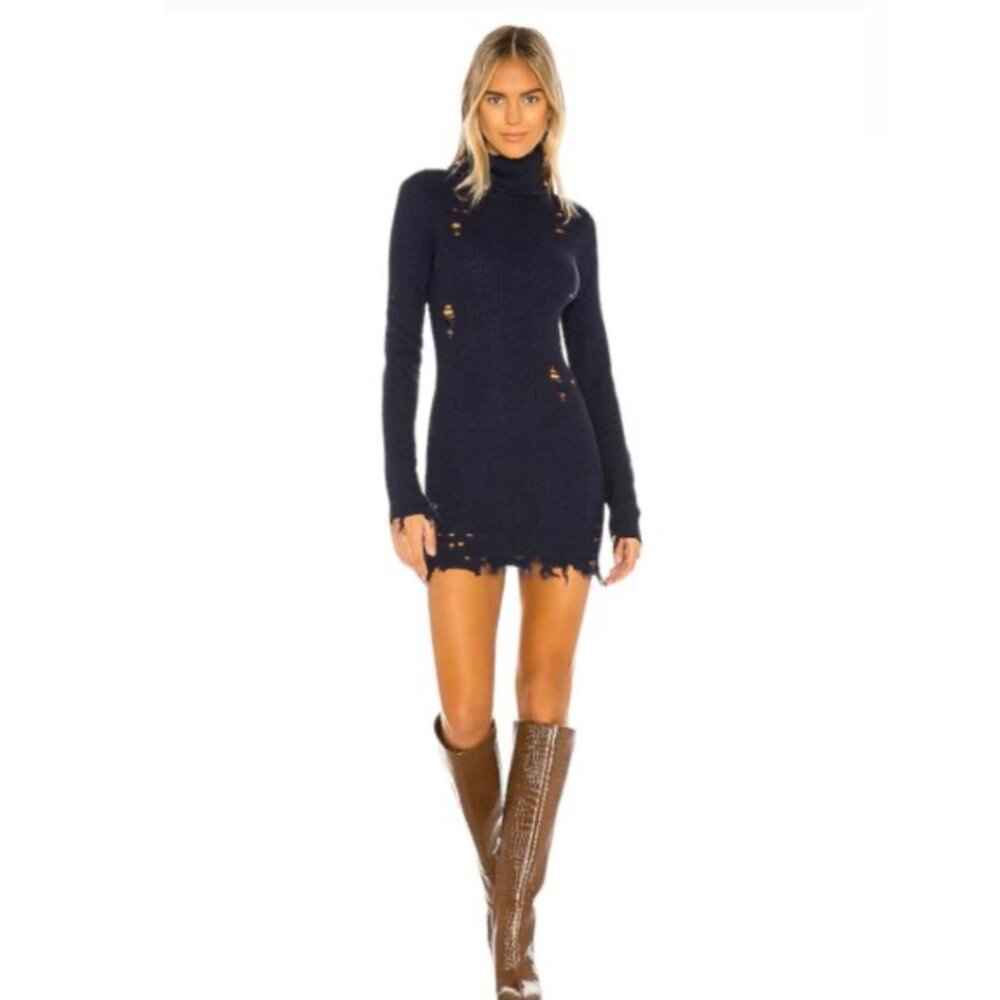 Lovers and Friends Keeney Distressed Sweater Mini Dress in NAVY BLUE Small NWT